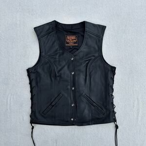 Milwaukee Vest Men's Black Leather Side Lace Biker Vest w/ Classic Snap Front